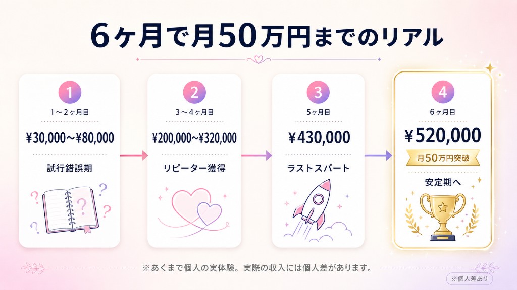 DXLIVEチャトレで6ヶ月で月50万円達成までの収入推移ロードマップ図解。試行錯誤期→リピーター獲得→ラストスパート→安定期への4ステップで、¥30,000→¥80,000→¥200,000→¥320,000→¥430,000→¥520,000まで推移したリアルな道のり。