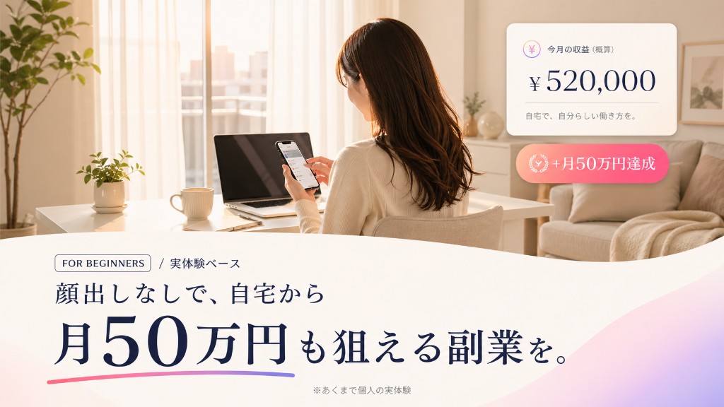 顔出しなしで自宅から月50万円も狙えるDXLIVEライブチャットのキービジュアル画像。後ろ姿の女性がスマホとPCを使う在宅副業シーン、¥520,000の月収カード、「+月50万円達成」バッジ付き。