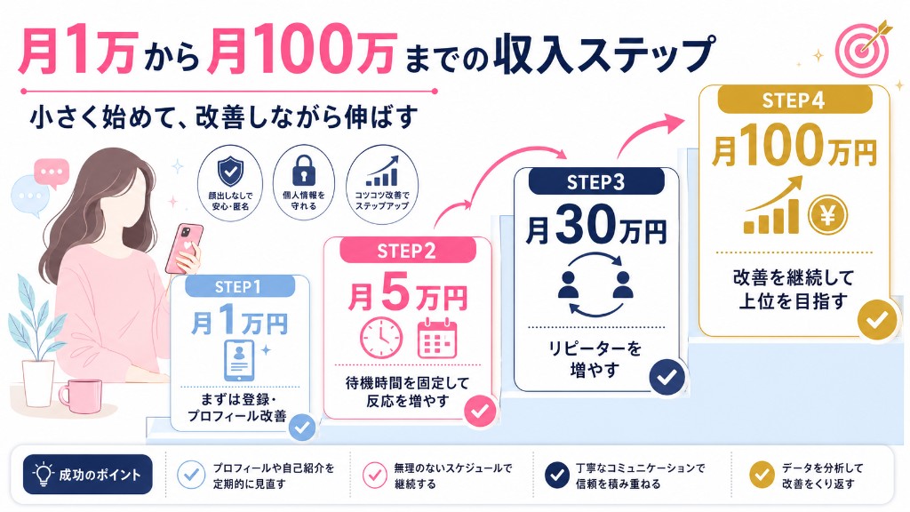 顔出しなしライブチャットで月1万から月100万を目指す収入ステップ