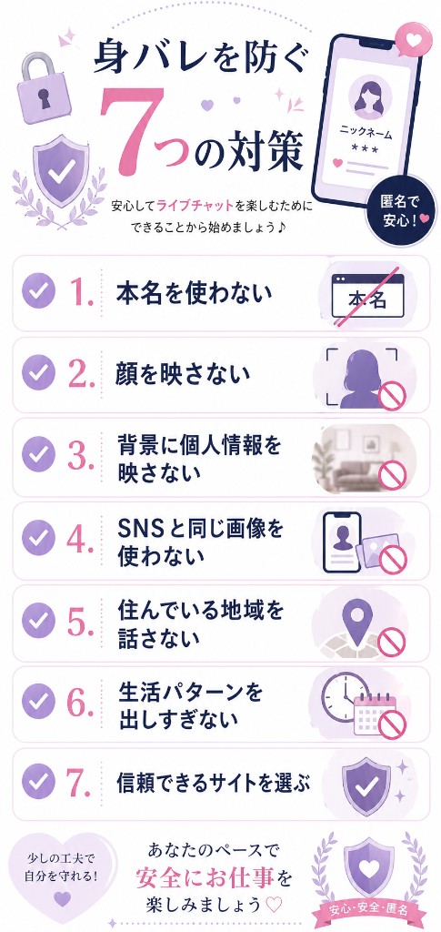 顔出しなしライブチャットで身バレを防ぐためのチェックリスト（本名NG・SNS画像NG・背景注意・地域非公開・生活パターン非公開）