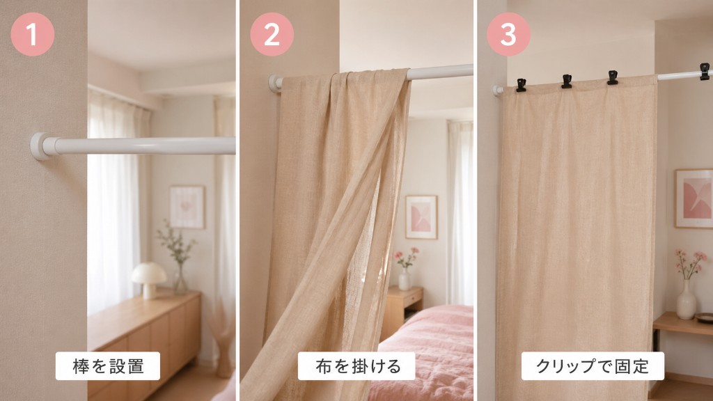 顔出しなしライブチャット 背景の作り方｜突っ張り棒と無地布で身バレ防止の壁を作る図解