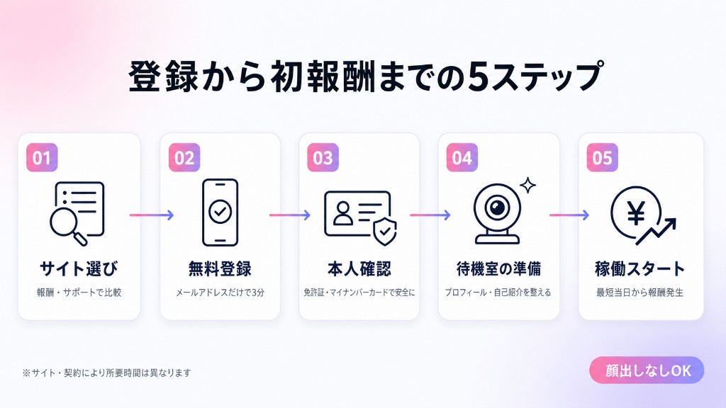 ライブチャット登録から初報酬までの5ステップを解説した図解（サイト選び・無料登録・本人確認・待機室の準備・稼働スタート）